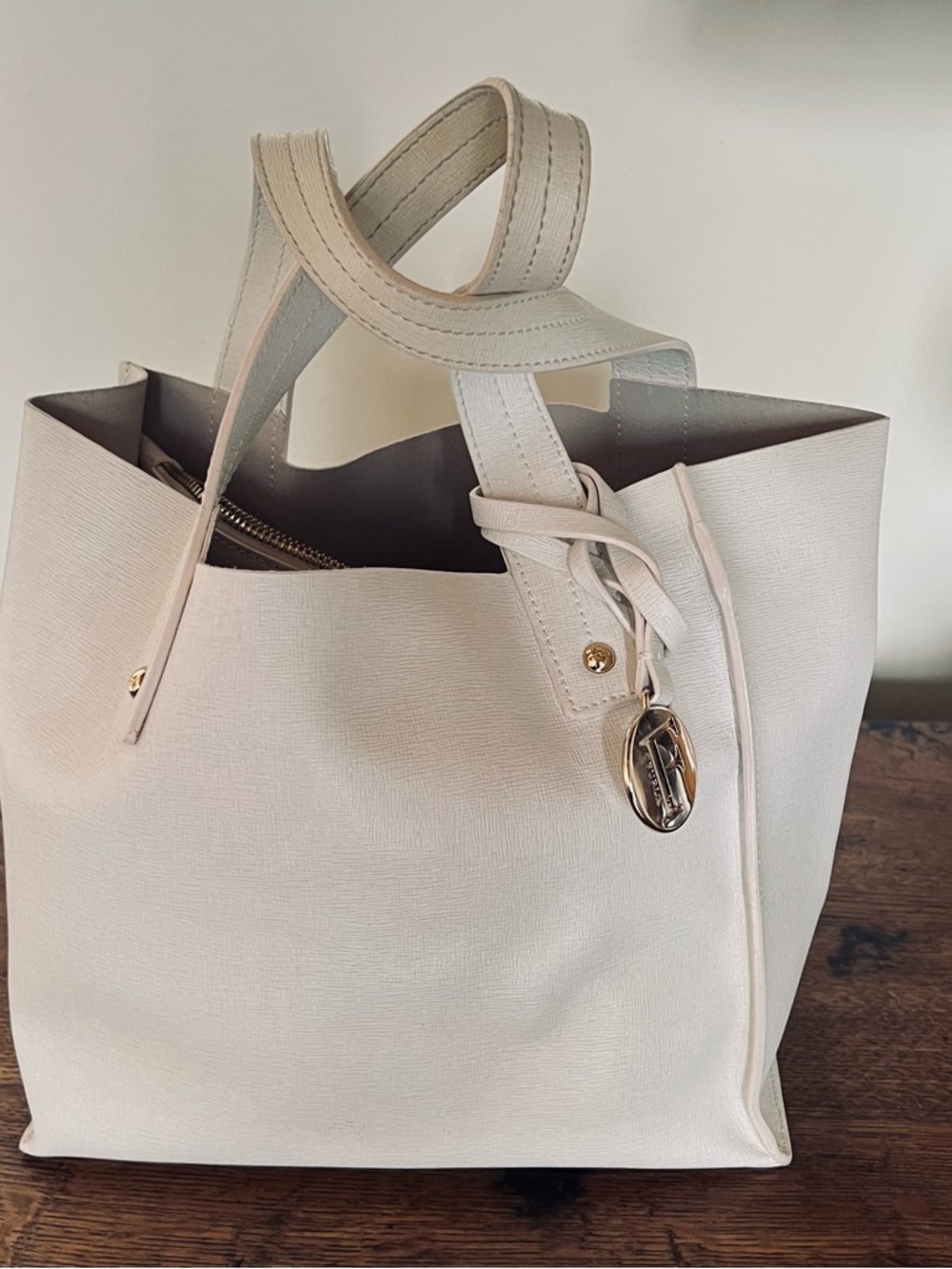 Furla Off-White Saffiano Leather Tote with Gold Charm - Picture 2 of 7